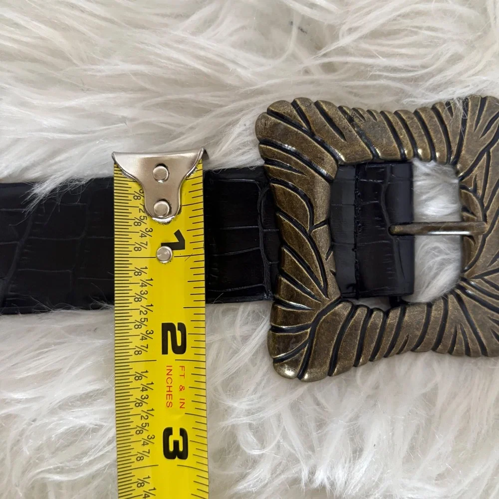 Adrienne Landau Studio Black Croc Embossed Leather Belt Bronze Buckle Size L